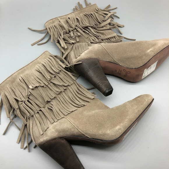 Joie tan fringe 3 tier fringe heeled booties - Picture 1 of 7